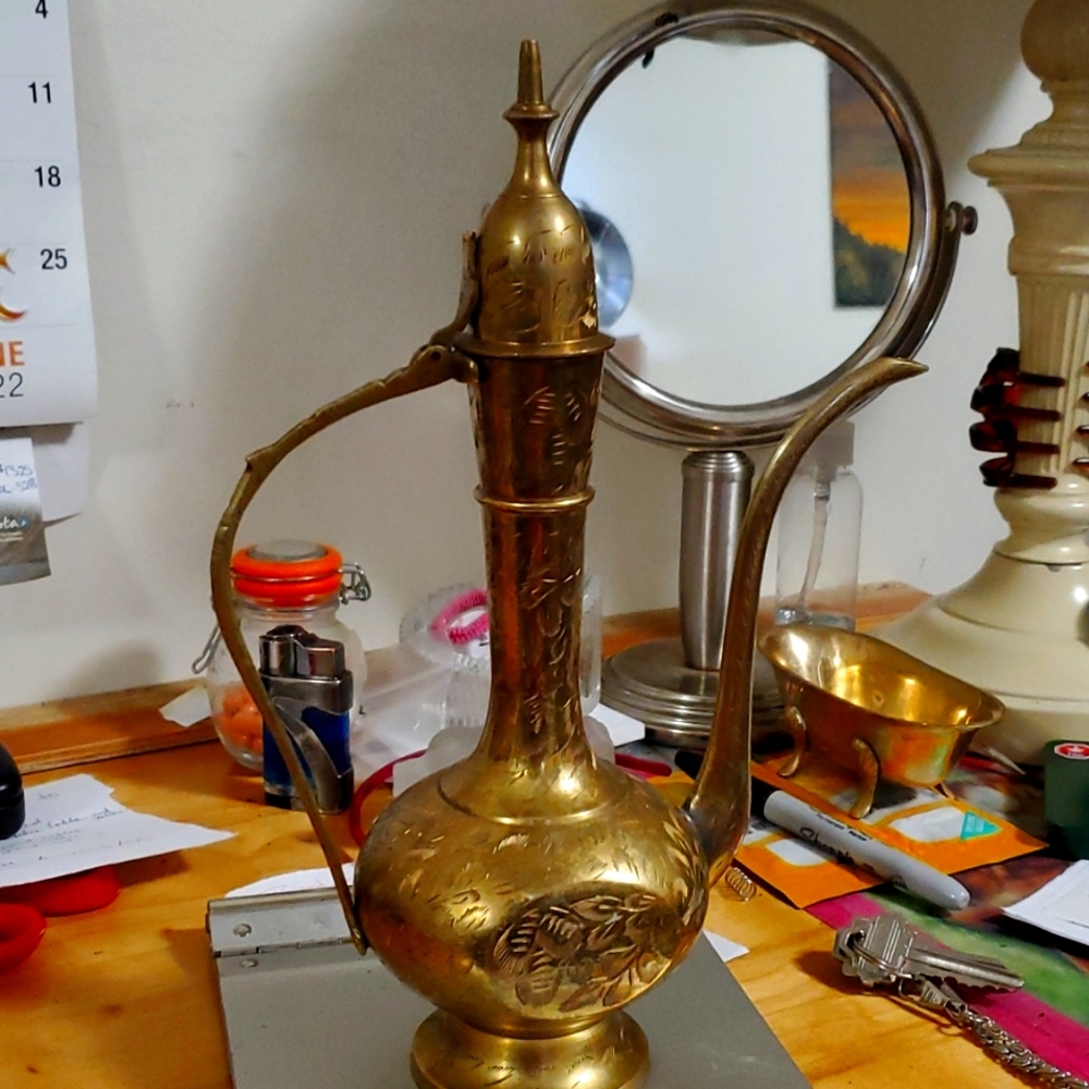 Brass tea pot with hinged lid. Hand crafted design. approx. 18"h.